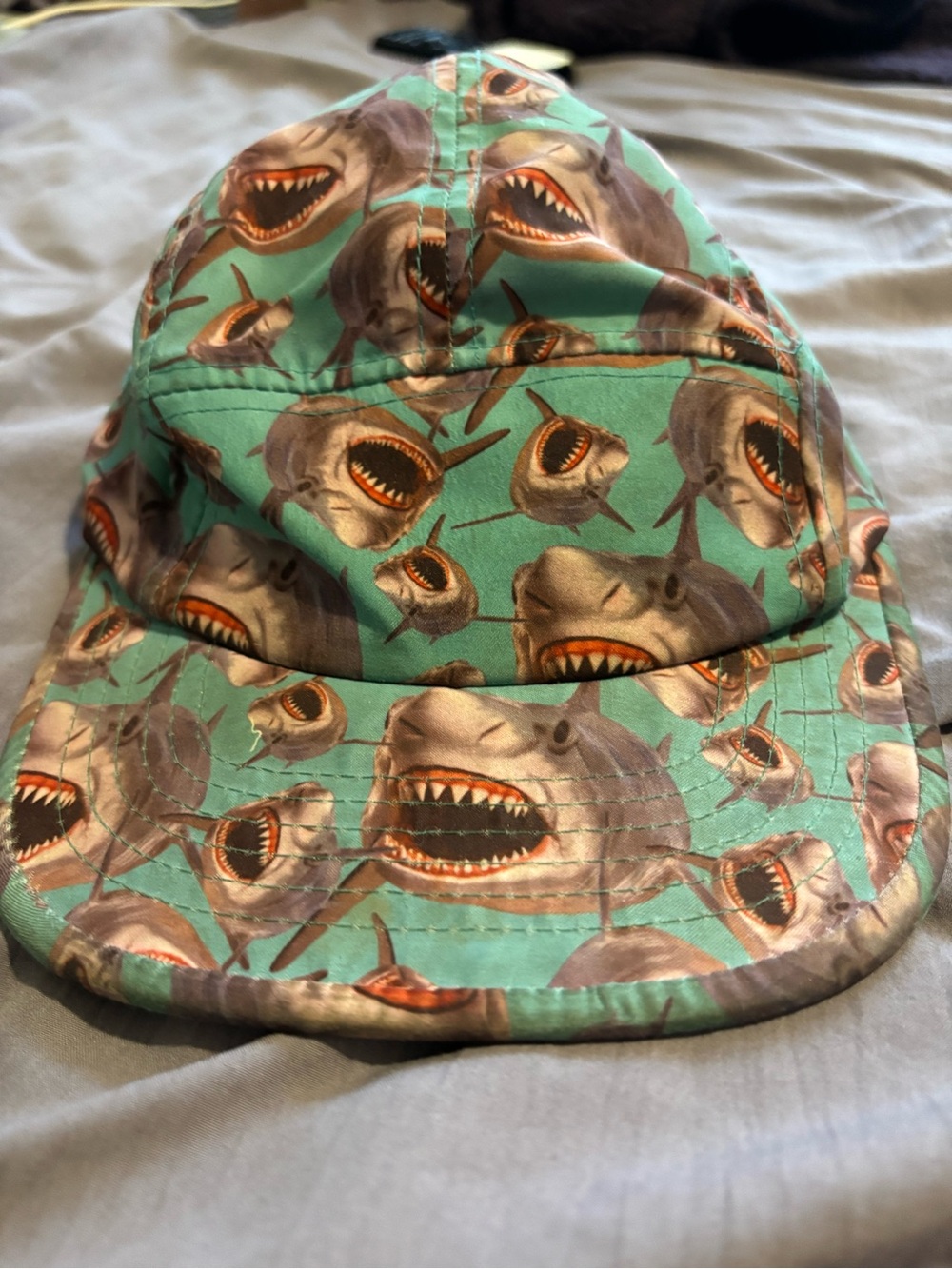 Shark Print Five-Panel Cap in Teal